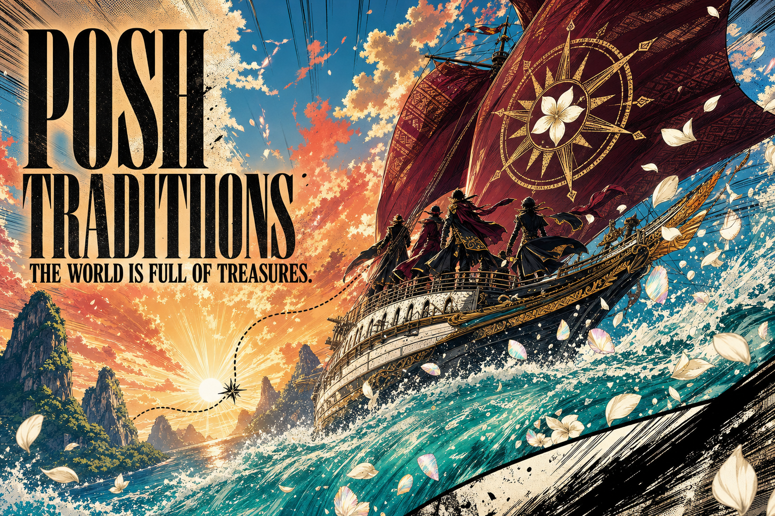 An original crew aboard a Philippine-inspired sailing vessel charging over a towering wave toward a golden horizon